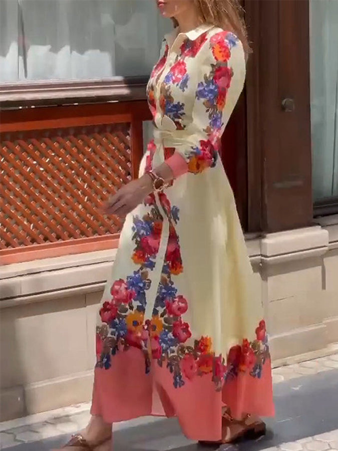 New Long Sleeves Shirt Collar Printed Lace -up Maxi Dress