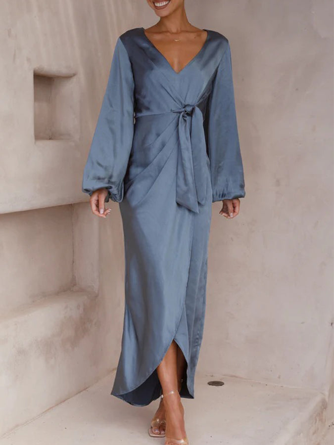 Balloon Sleeves Satin V Neck Lace-up Maxi Dress