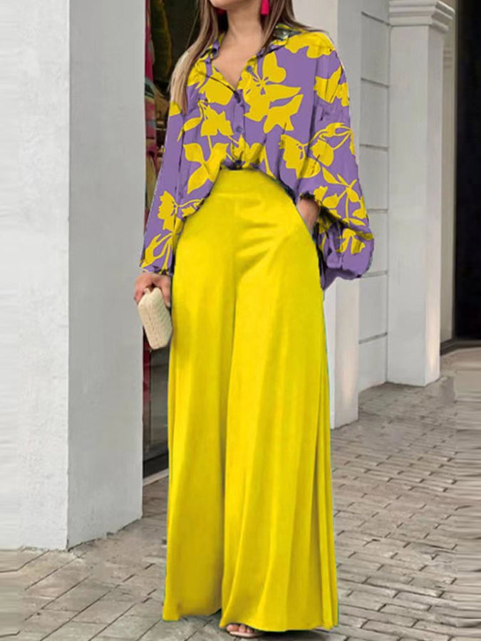 Long Sleeves Printed Shirt and Wide-leg Pants