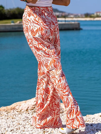 Printed Pockets Elastic Waist Wide-leg Pants