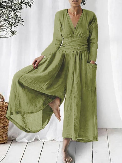 Long Sleeves V Neck Wide -leg Pants Jumpsuits