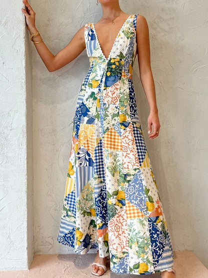 Printed V Neck Sleeveless Maxi Dress