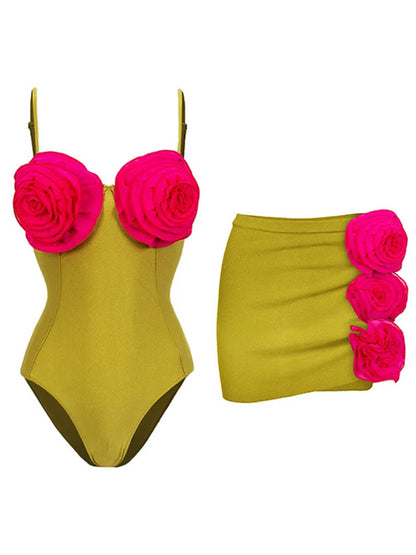 Cut-out 3d Flower One Piece Swimsuit and Skirt