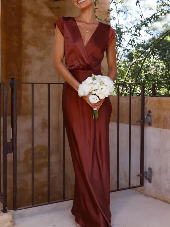 Satin V Neck Party Maxi Dress