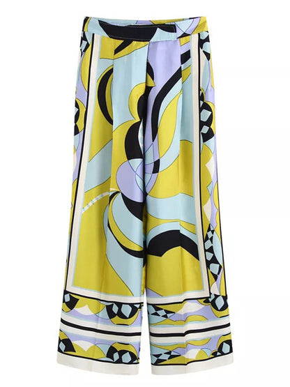 Long Sleeves Geometric Printed Blouses and Pants Sets
