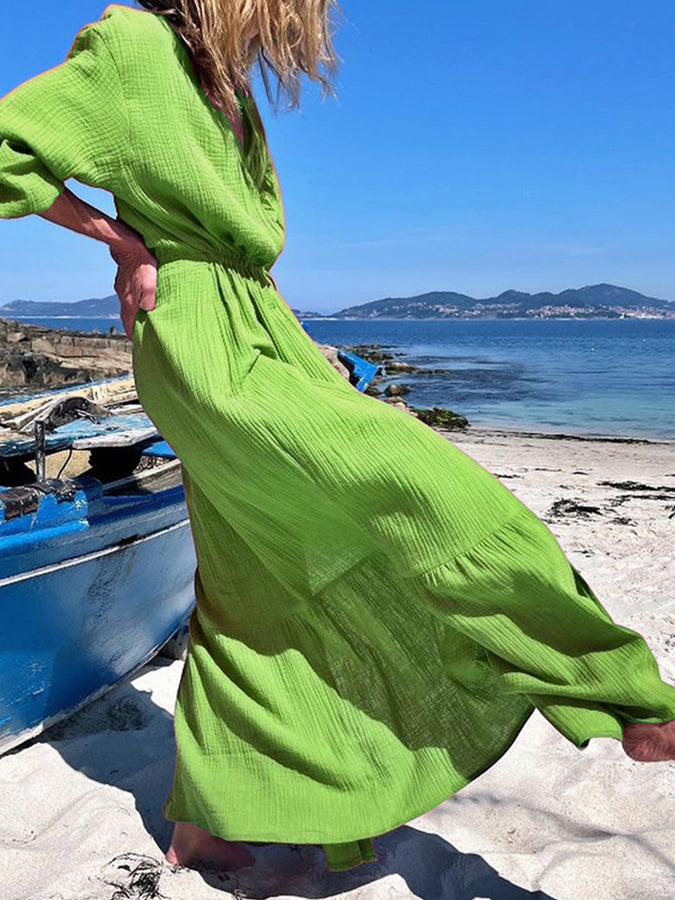 V Neck Long Sleeves Loose Maxi Dress