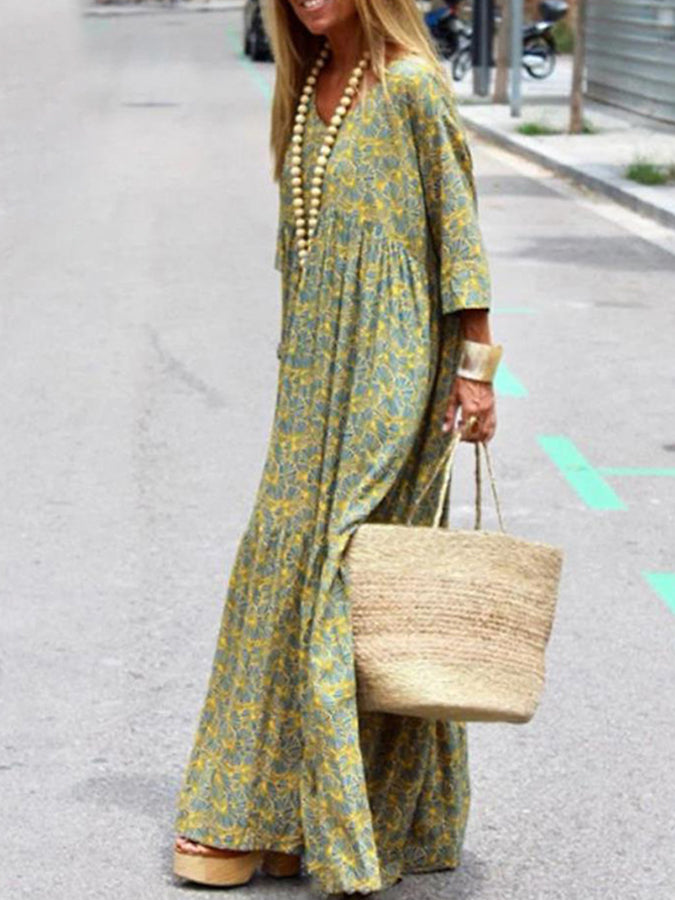 Long Sleeves Printed V Neck Maxi Dress