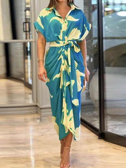 Printed Short Sleeves High Waist Shirt Maxi Dress