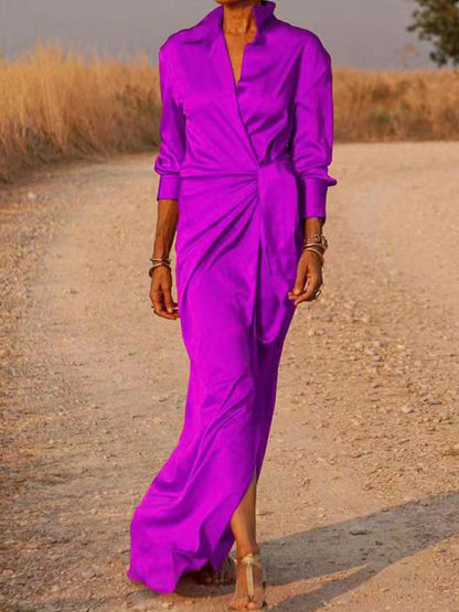 Long Sleeves Lace-up Slit Maxi Dress