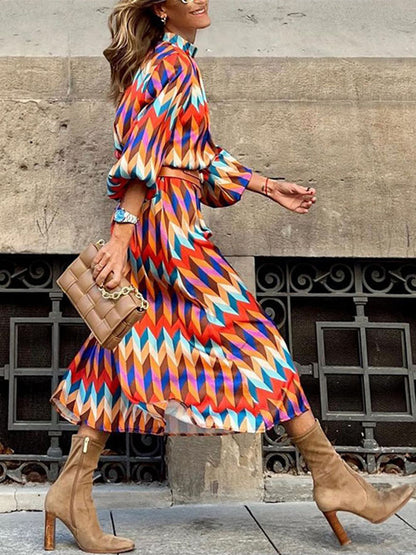 Long Sleeves Geometric Printed Maxi Dress