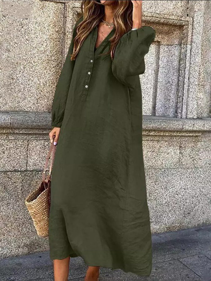 Long Sleeves Buttoned V Neck Maxi Dress