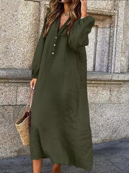 Long Sleeves Buttoned V Neck Maxi Dress
