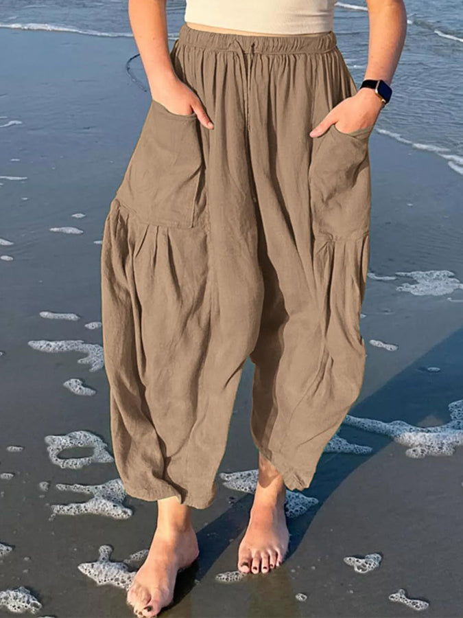 Elastic Waist Pockets Wide-leg Pants