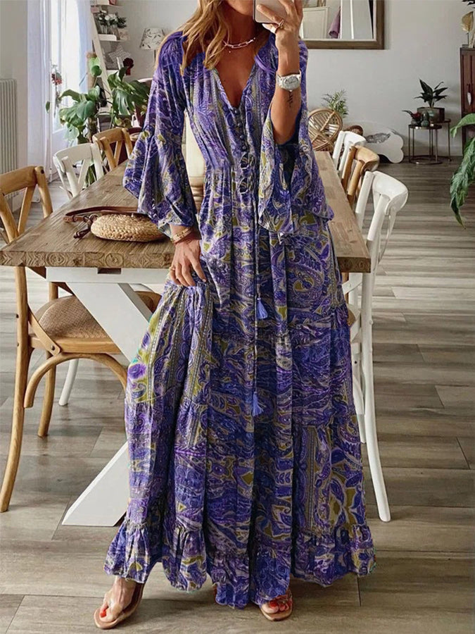 Printed V Neck Long Sleeves Maxi Dress