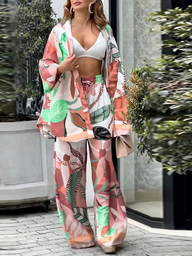 Printed Long Sleeves Shirt and Wide-leg Pants