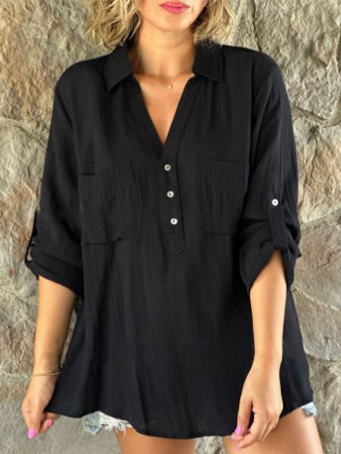 Long Sleeves Buttoned Cotton-linen Blouses