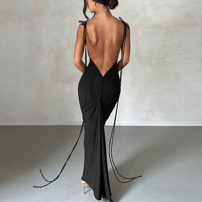 V Neck Lace-up Backless Maxi Dress