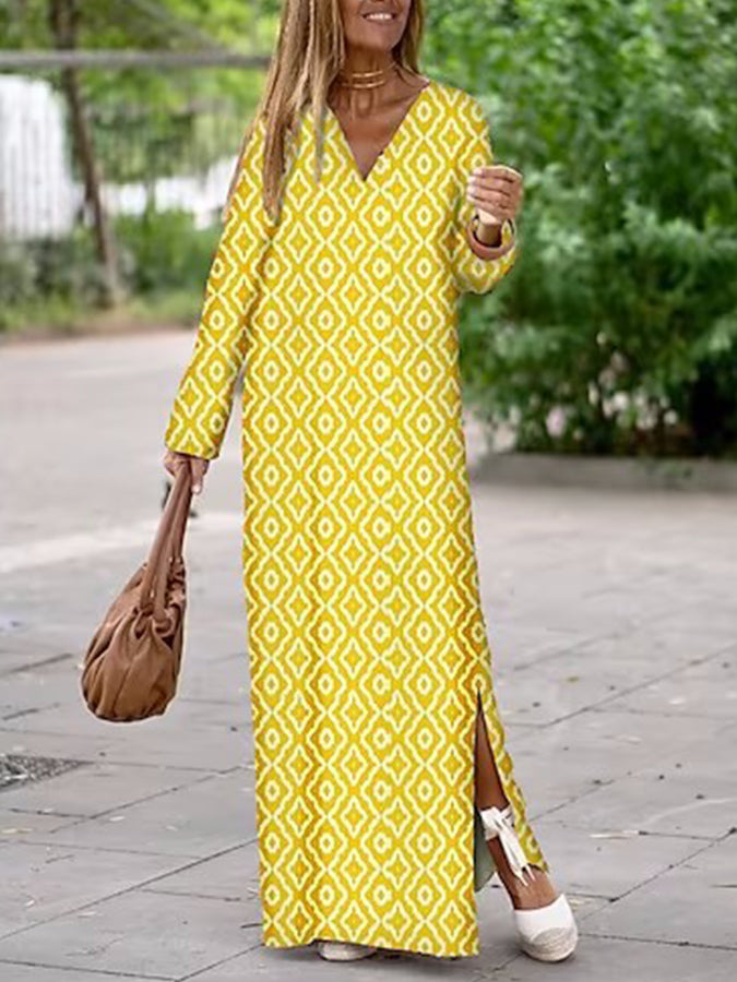 Long Sleeves Geometric Printed V Neck Maxi Dress