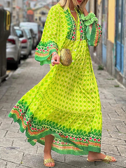 Tribal Long Sleeves Printed Loose Maxi Dress