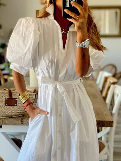 Short Sleeves Shirt Collar Maxi Dress