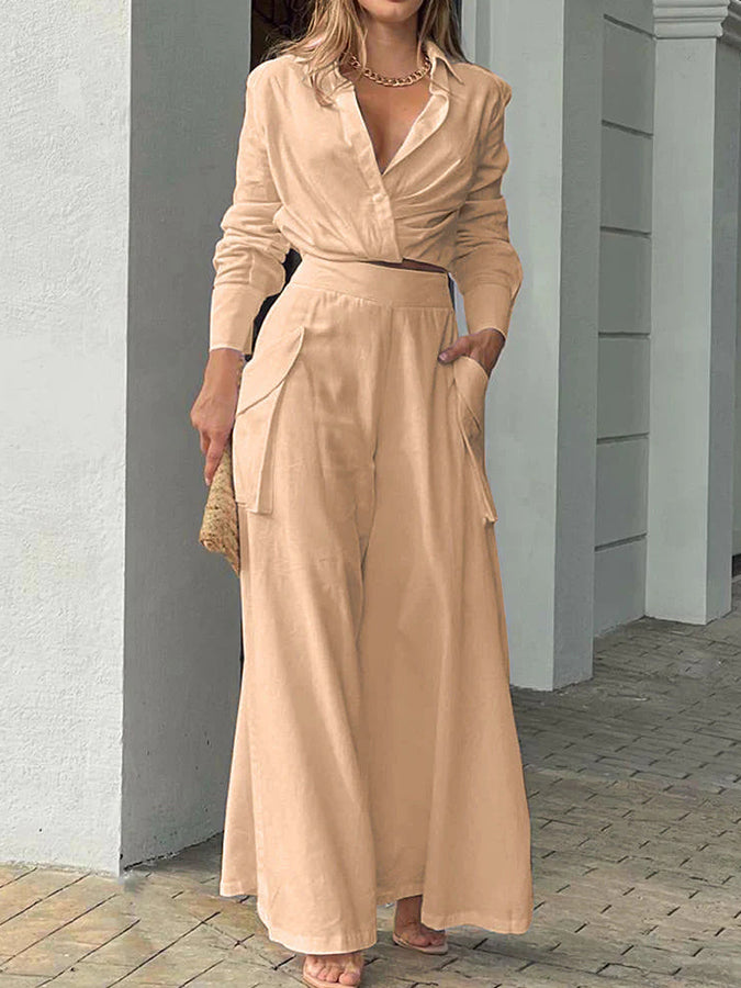 Long Sleeves Shirt and Pockets Wide-leg Pants Sets