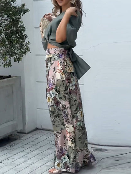 Shirt and Printed Wide-leg Pants Sets