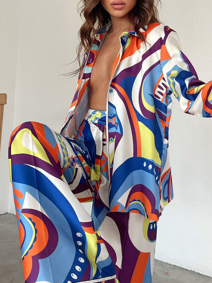 Long Sleeves Printed Shirt and Pants Two Pieces Sets