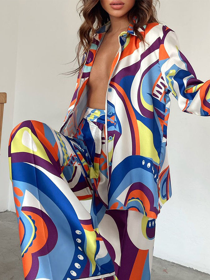 Long Sleeves Printed Shirt and Pants Two Pieces Sets