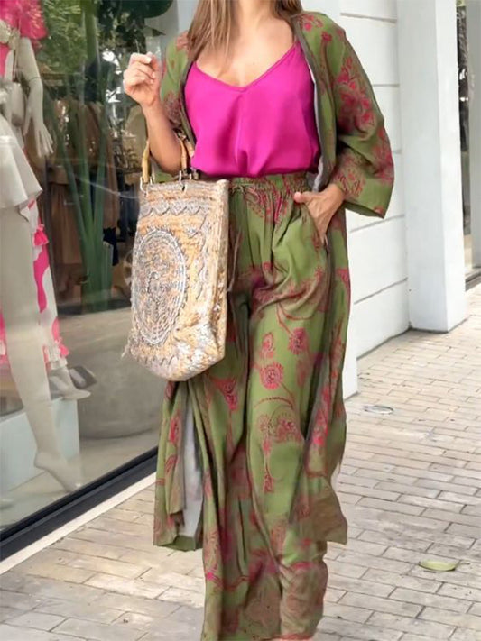Printed Long Sleeves Cardigan and Pants Sets