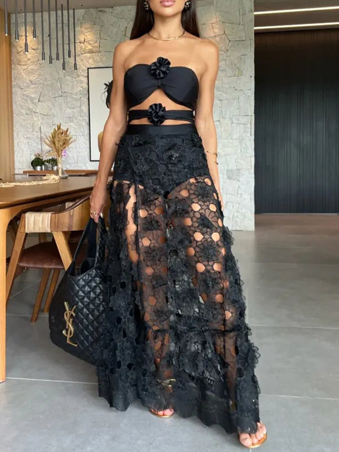 Black 3d Flower One Piece Swimsuit and Skirt