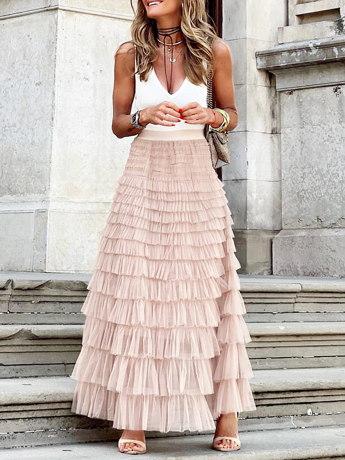 Elastic Waist Mesh Cake Skirt