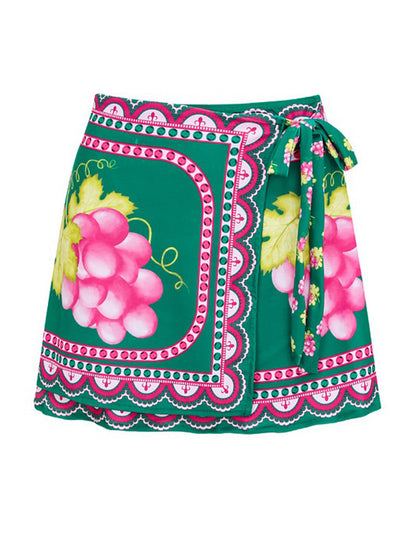Ruffled Deep V Cutout Retro Green Grapes Print One Piece Swimsuit and Skirt