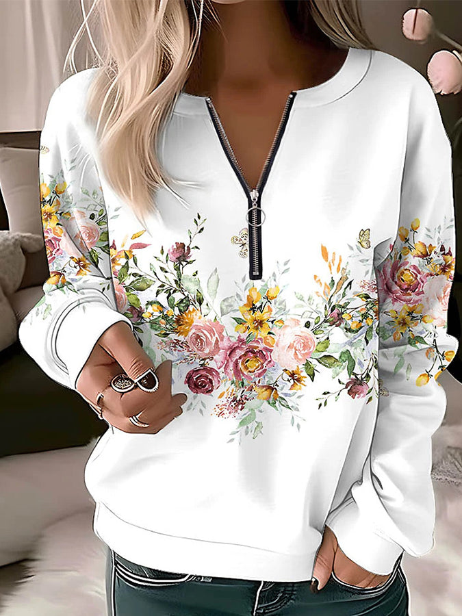 V Neck Zipper Long Sleeves Sweatershirt
