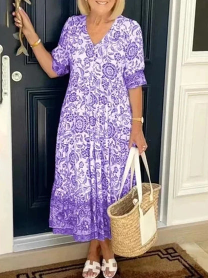 V-neck Print Loose Maxi Dress