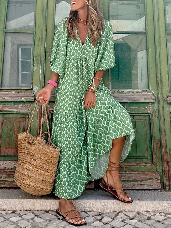 Geometric Print Puff Sleeve Maxi Dress