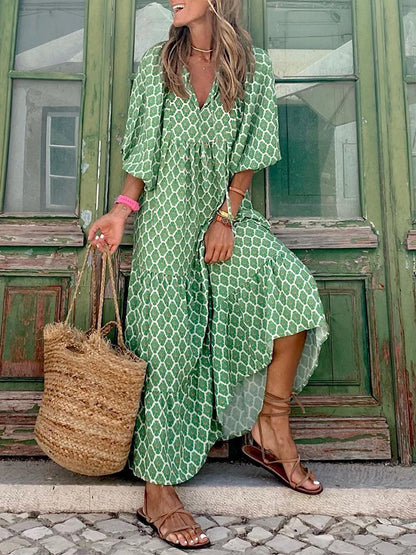 Geometric Print Puff Sleeve Maxi Dress