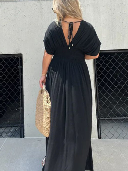 V Neck Batwing Sleeves Elastic Waist Maxi Dress