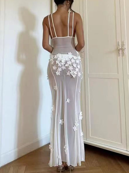 V Neck See-through 3d Flower Slit Maxi Dress