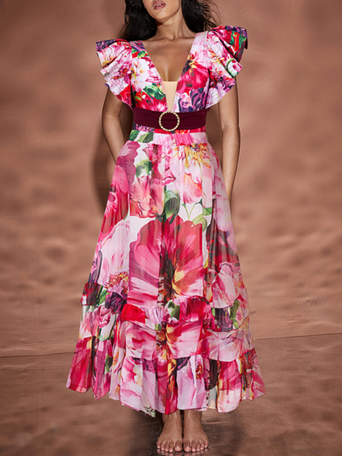 Ruffle V Neck Flower Printed One Piece Swimsuit and Skirt
