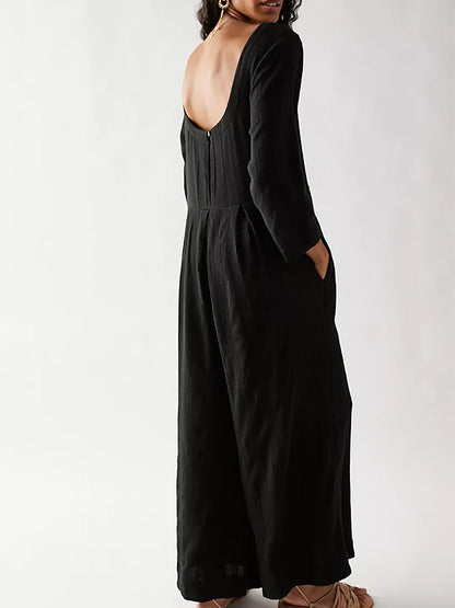 Long Sleeves Pockets Wide-leg Pants Jumpsuits