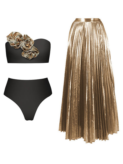 Golden 3d Flower Black or White Bikini Swimsuit and Skirt