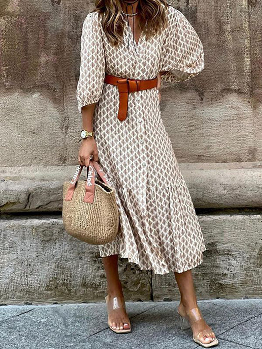 V Neck Long Sleeves Geometric Printed Maxi Dress