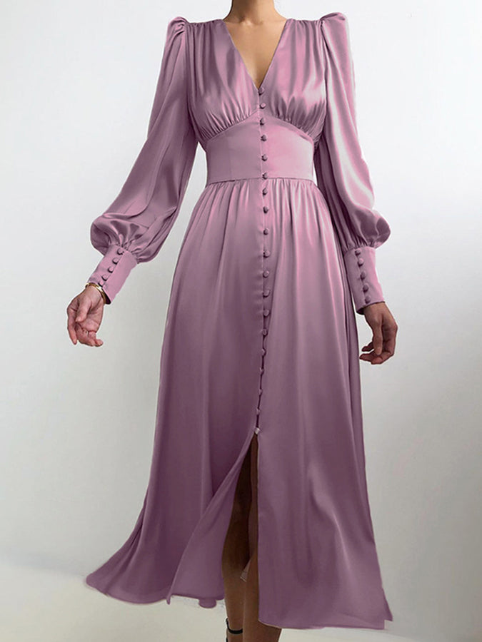 Long Sleeves Buttoned V Neck Maxi Dress