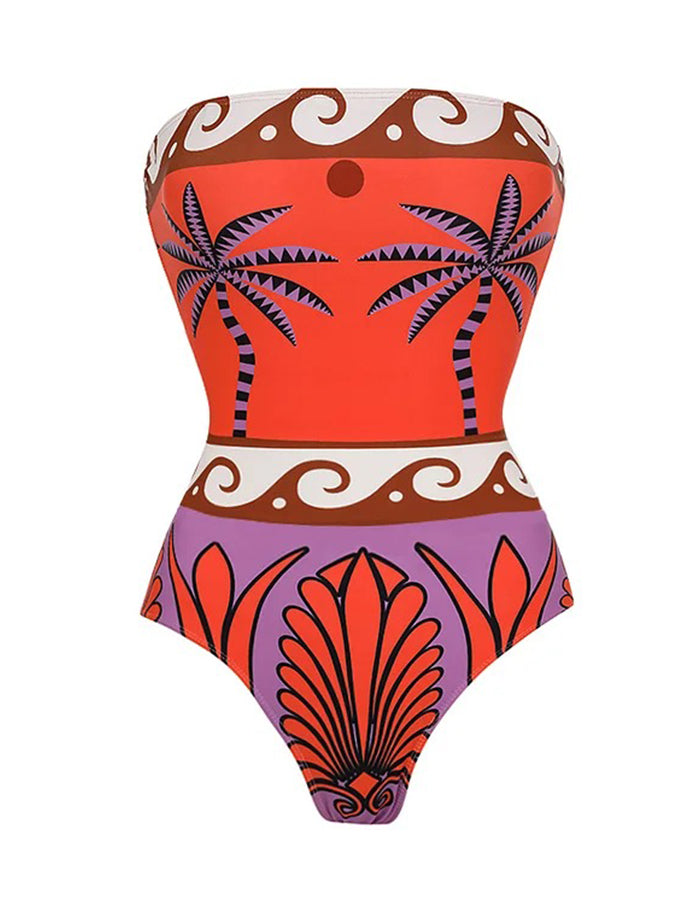 Off Shoulder Printed One Piece Swimsuit and Skirt