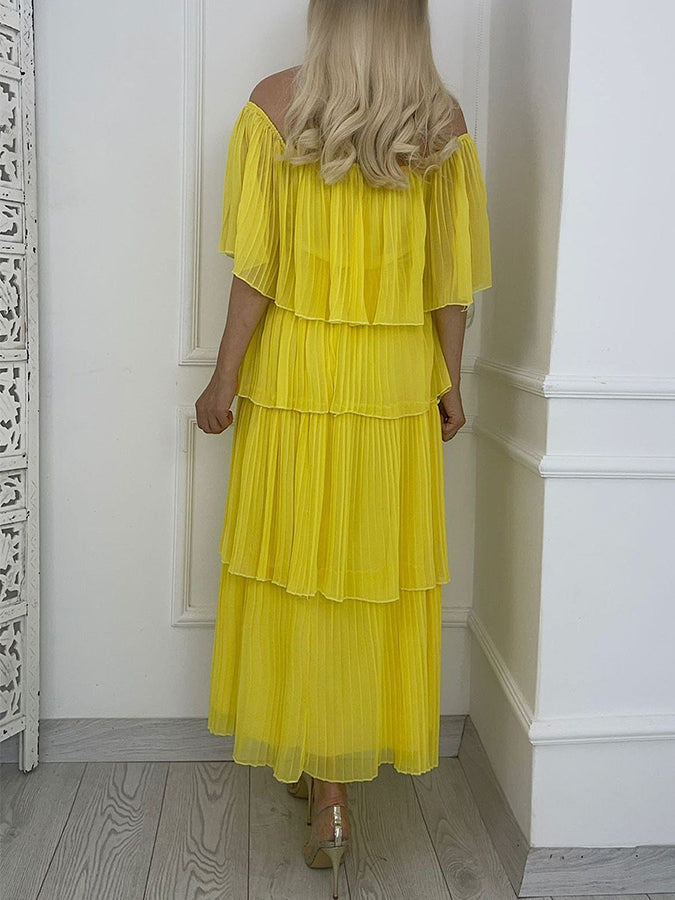 Yellow Off Shoulder Pleated Ruffle Maxi Dress