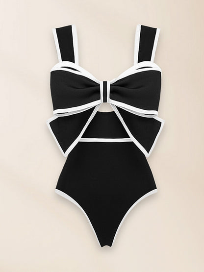 Black and White Bow Decor One Piece Swimsuit and Skirt