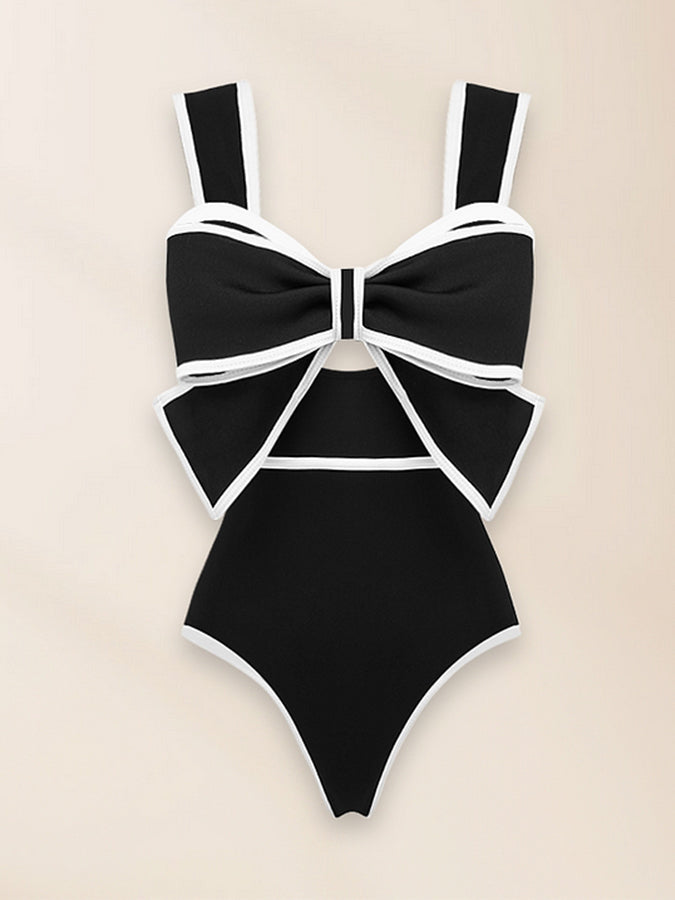 Black and White Bow Decor One Piece Swimsuit and Skirt
