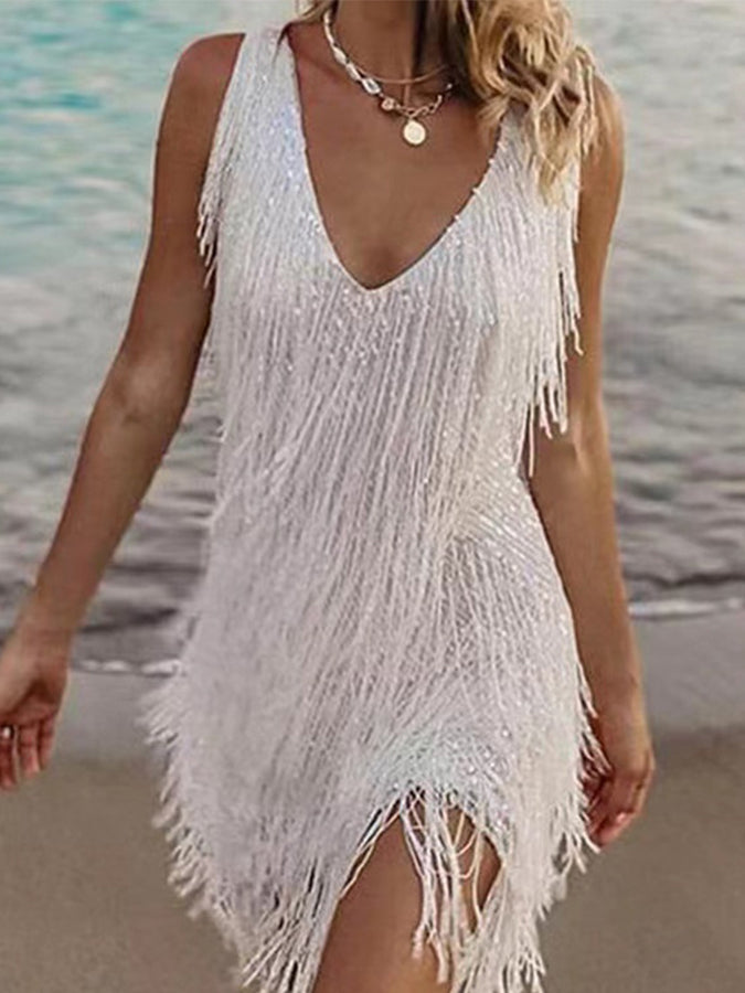 V Neck Sleeveless Fringed Mini Dress
