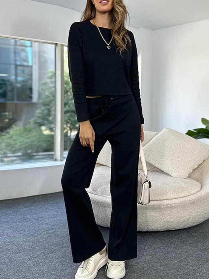 Round Neck Knitted Long Sleeved Top With Elastic Waist Pants Set