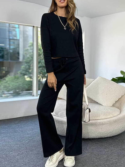 Round Neck Knitted Long Sleeved Top With Elastic Waist Pants Set